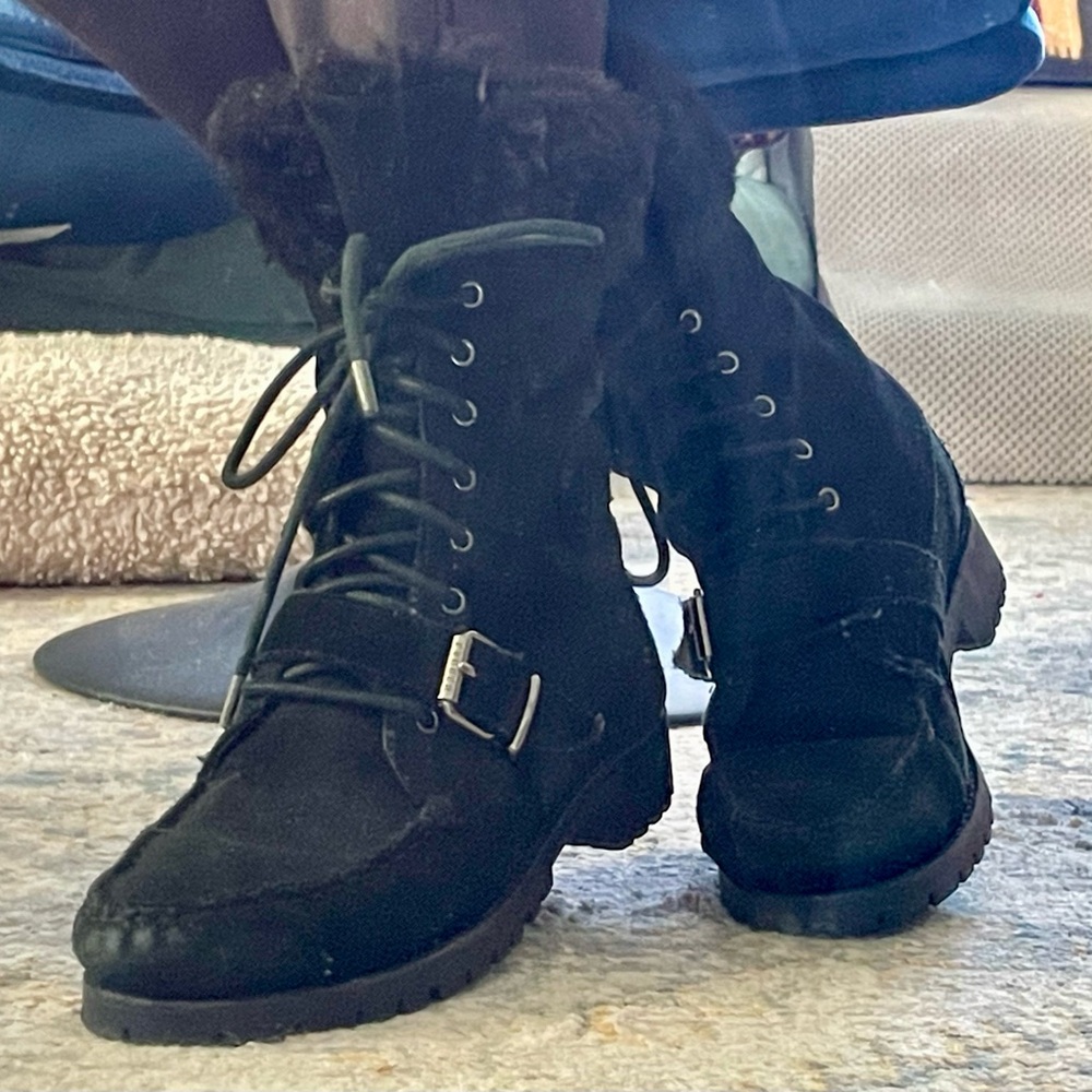 Ralph Lauren Black Suede Black Sherpa Fleece Lined Mid-Calf Zabby Winter Boots